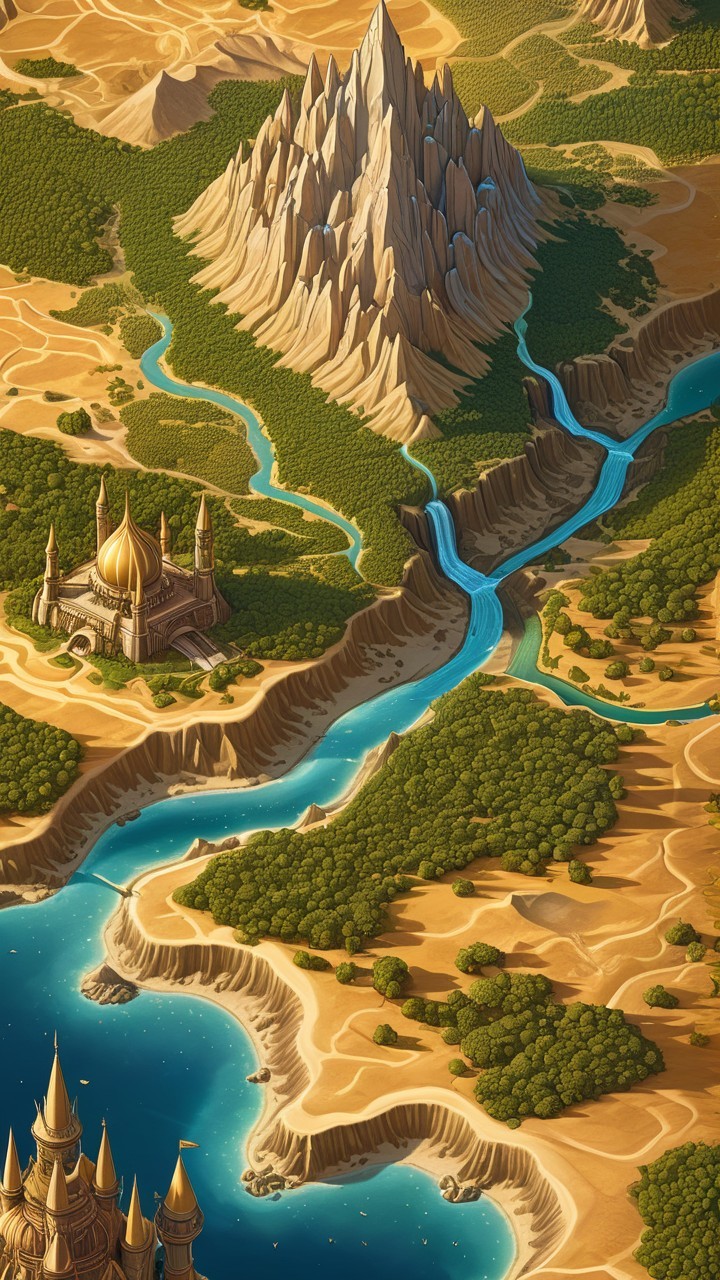 Majestic Mountain Landscape with Royal Palace and Rivers