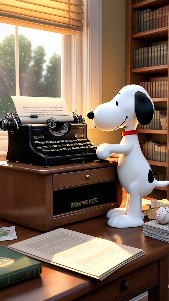 Cartoon Dog Typing at Vintage Typewriter in Cozy Room