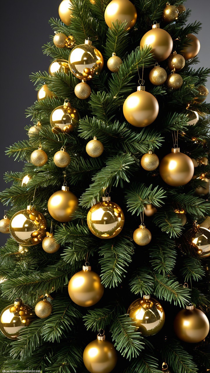 Close-up of a Christmas tree with gold ornaments