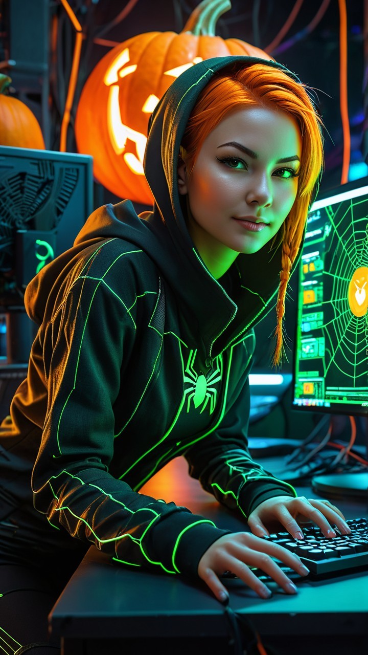 Young Woman in Black Hoodie Amidst Halloween Decor