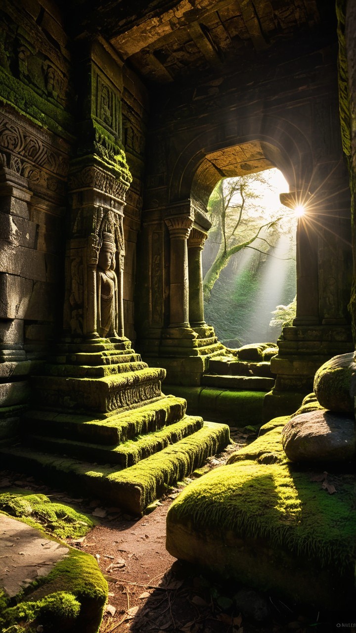 Ancient stone ruins with intricate carvings and greenery