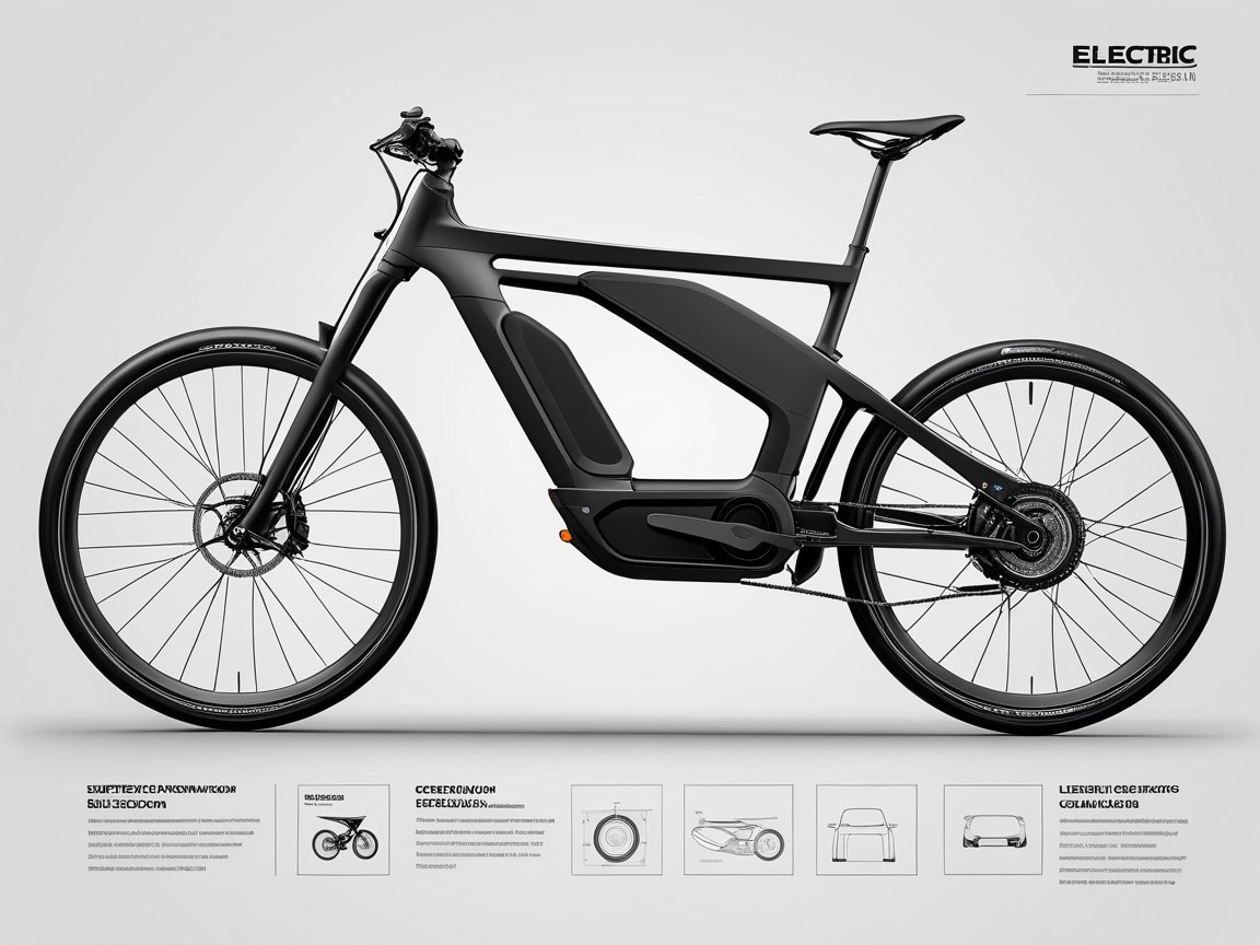 Modern Matte Black Electric Bicycle with Technical Specs