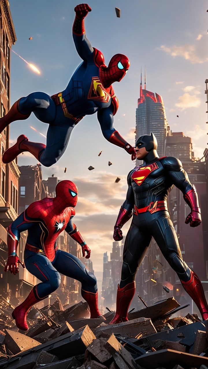 war-torn city featuring superhero variations and poses