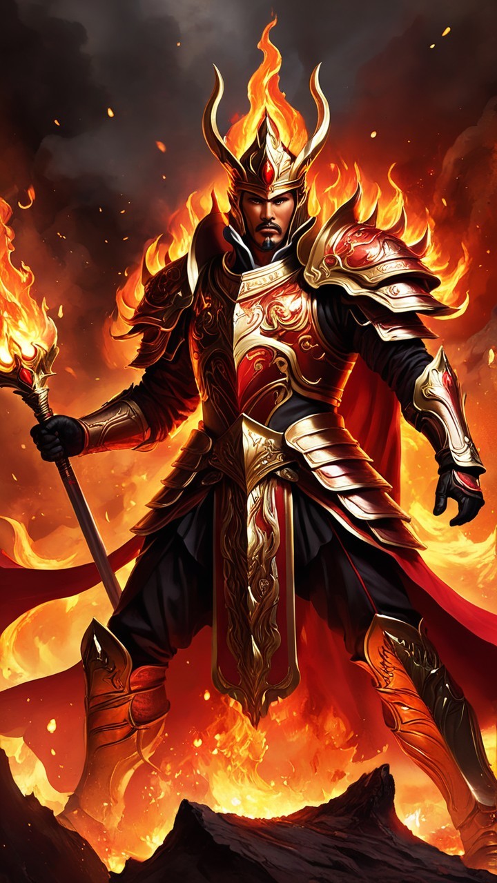 Warrior in Fiery Armor with Staff and Dramatic Robes