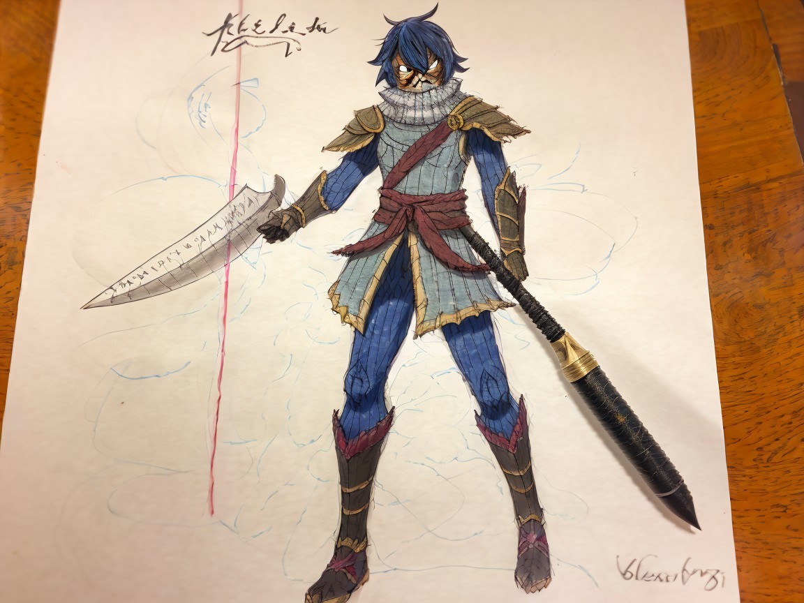 Character with blue fur in warrior outfit and sword