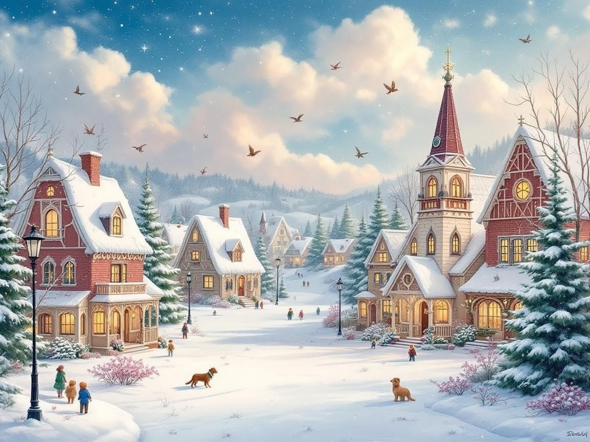 Winter Village Scene with Snow and Colorful Houses
