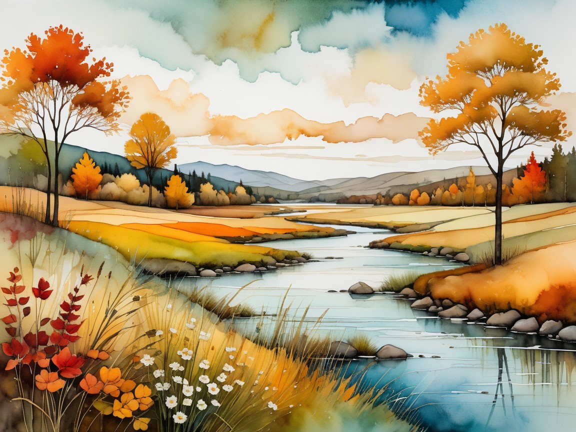 Autumn Landscape with Colorful Foliage and River