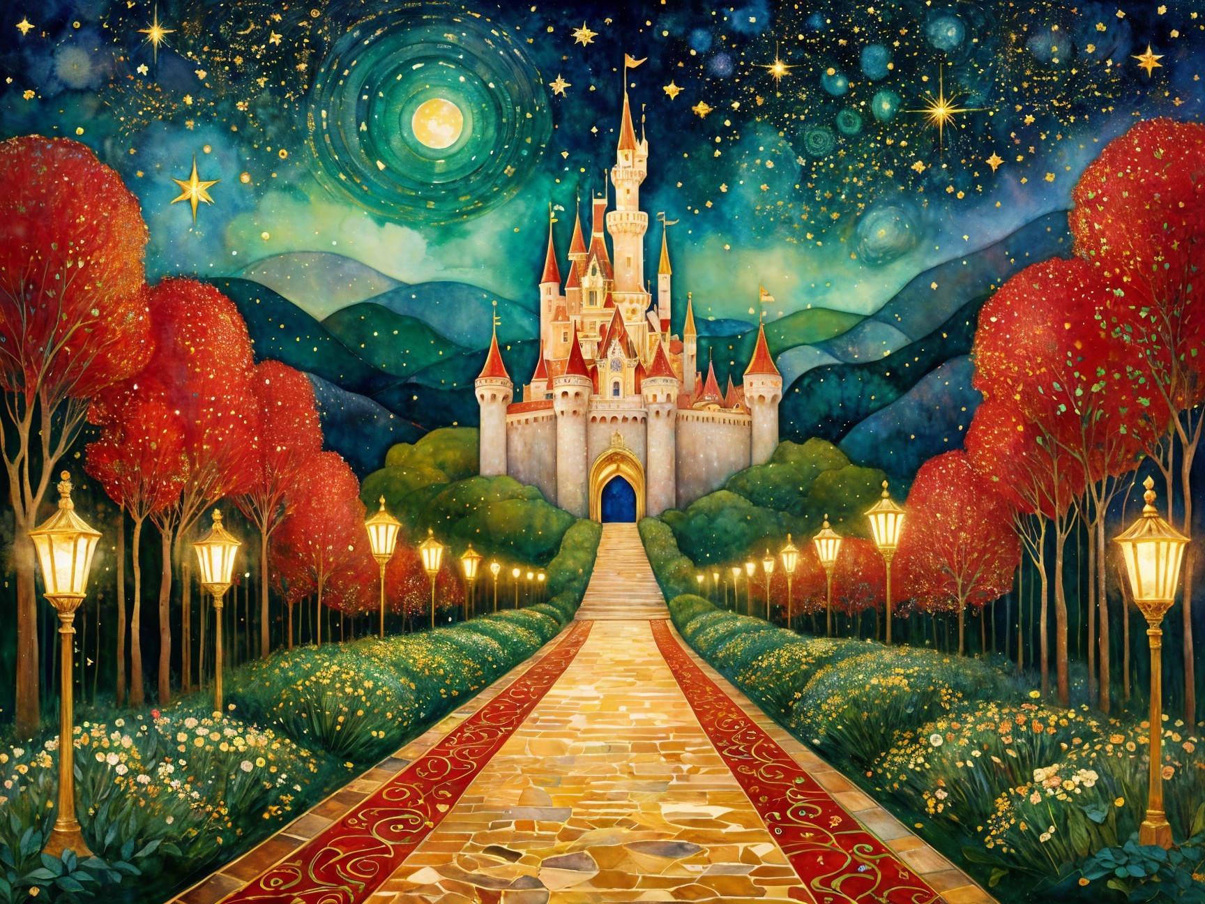 Whimsical Fairytale Castle Under Starry Night Sky
