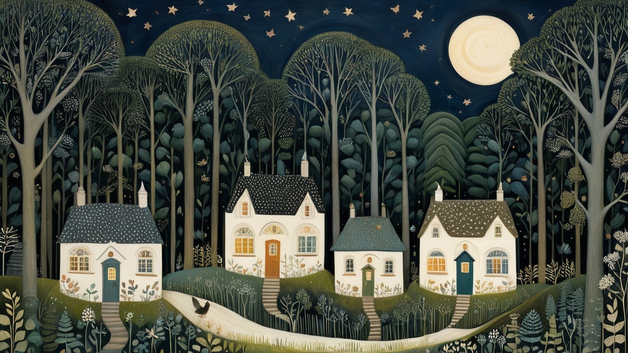 Charming Houses Under a Moonlit Night Sky