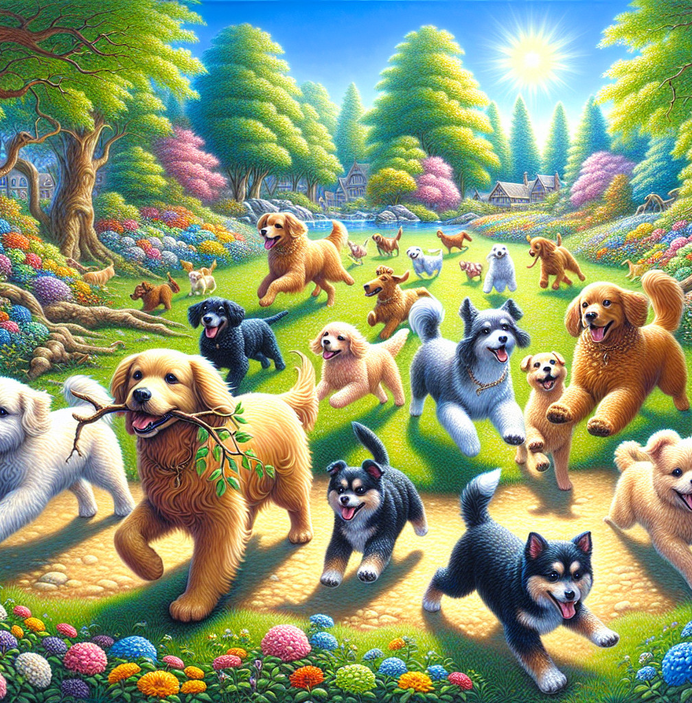 Vibrant Landscape with Dogs Playing in Colorful Garden