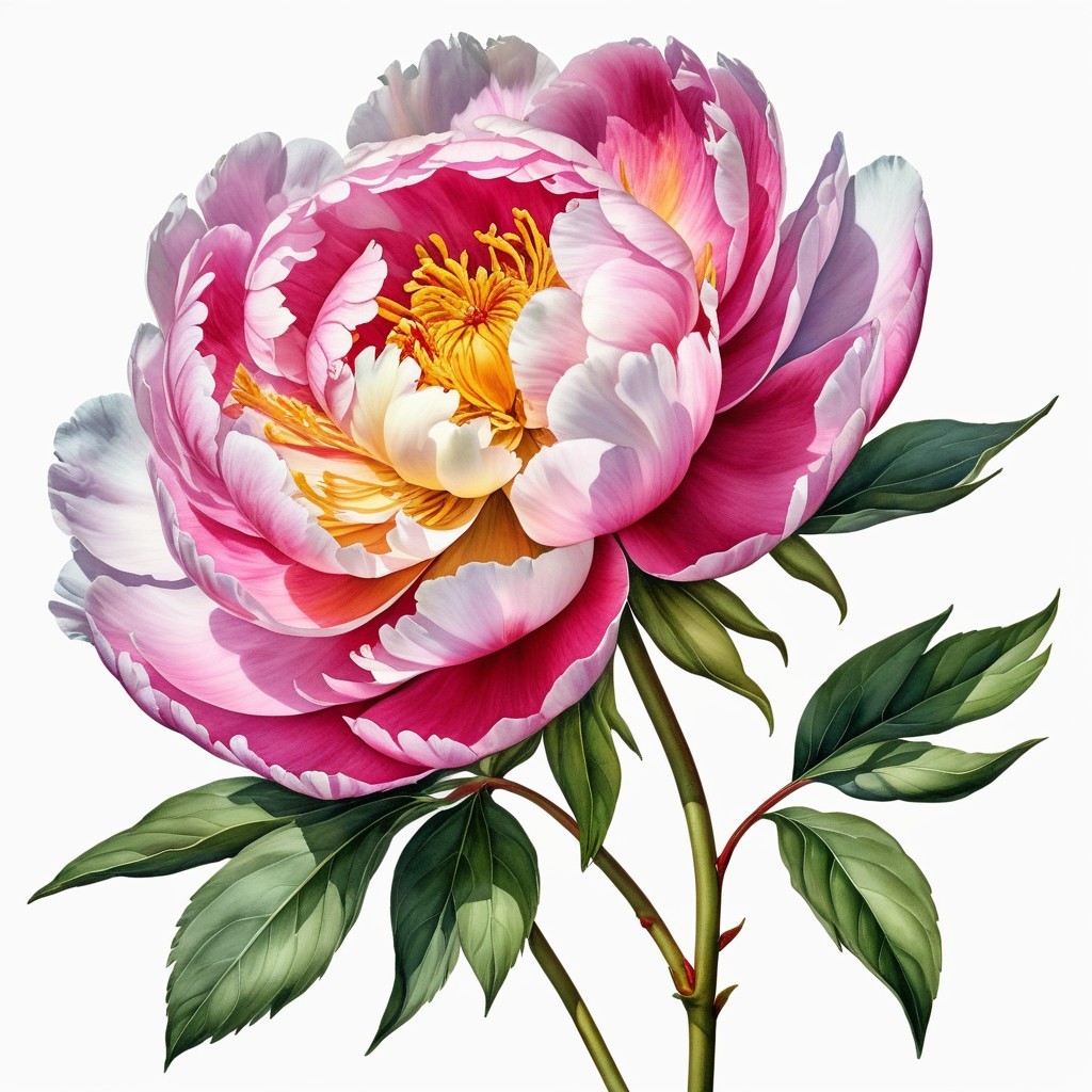 Vibrant pink and white peony with golden center