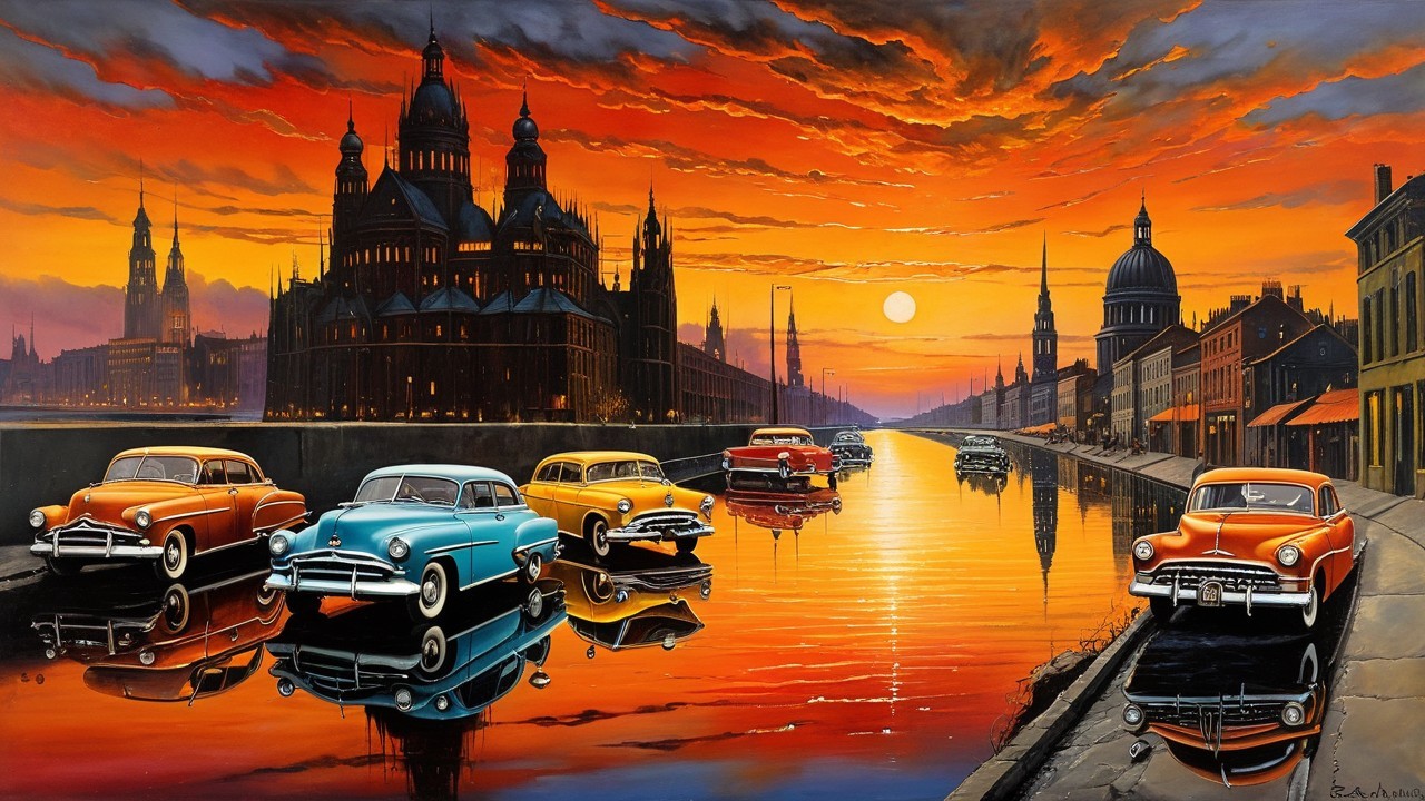 Sunset Cityscape with Vintage Cars and Canal Reflection