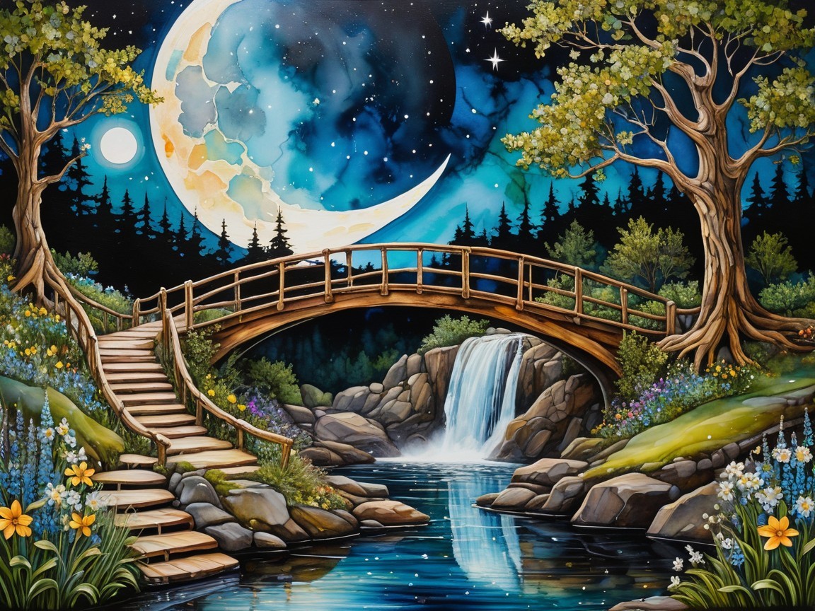 Enchanting Landscape with Bridge and Waterfall at Night