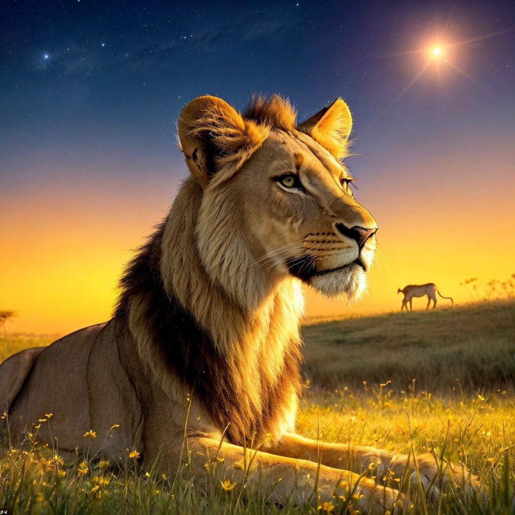Lion in Golden Field at Sunset with Starry Sky