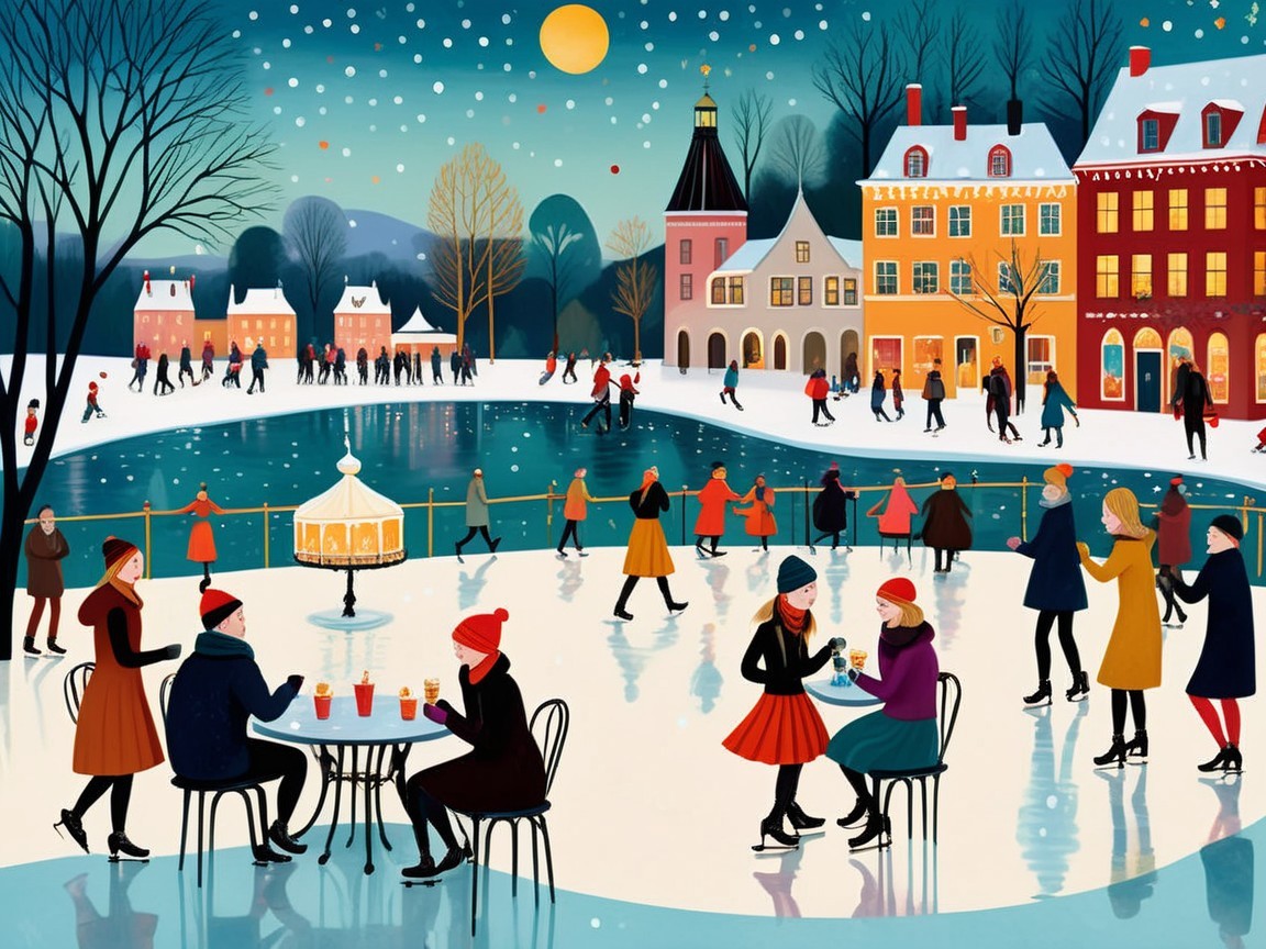 Vibrant Winter Scene with Ice Skaters and Snowfall