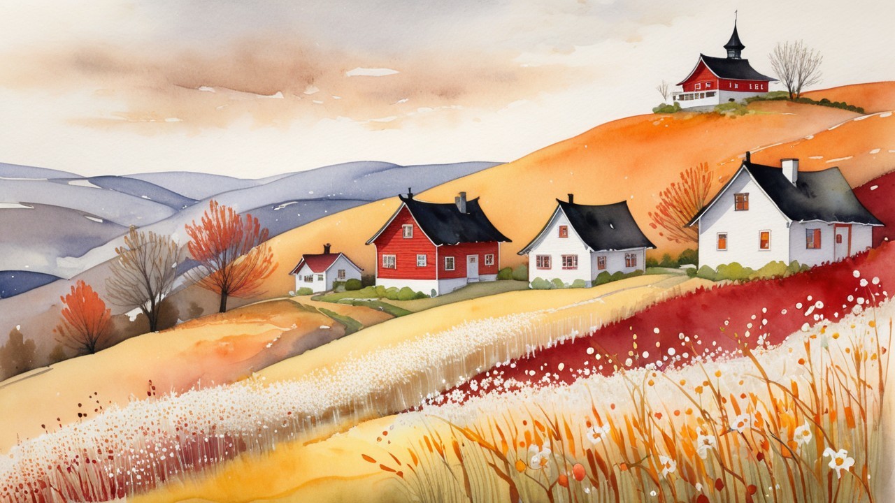 Watercolor Landscape of Autumn Hills and Houses