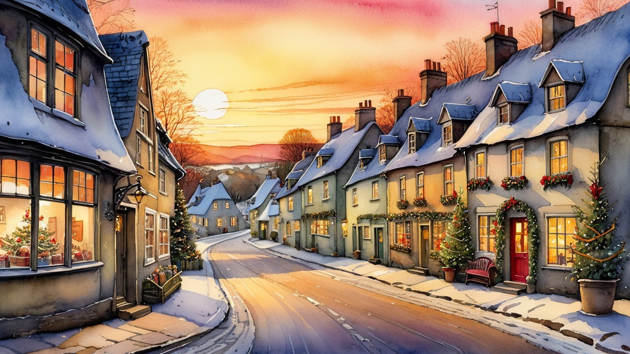 Winter Village at Sunset with Christmas Decorations