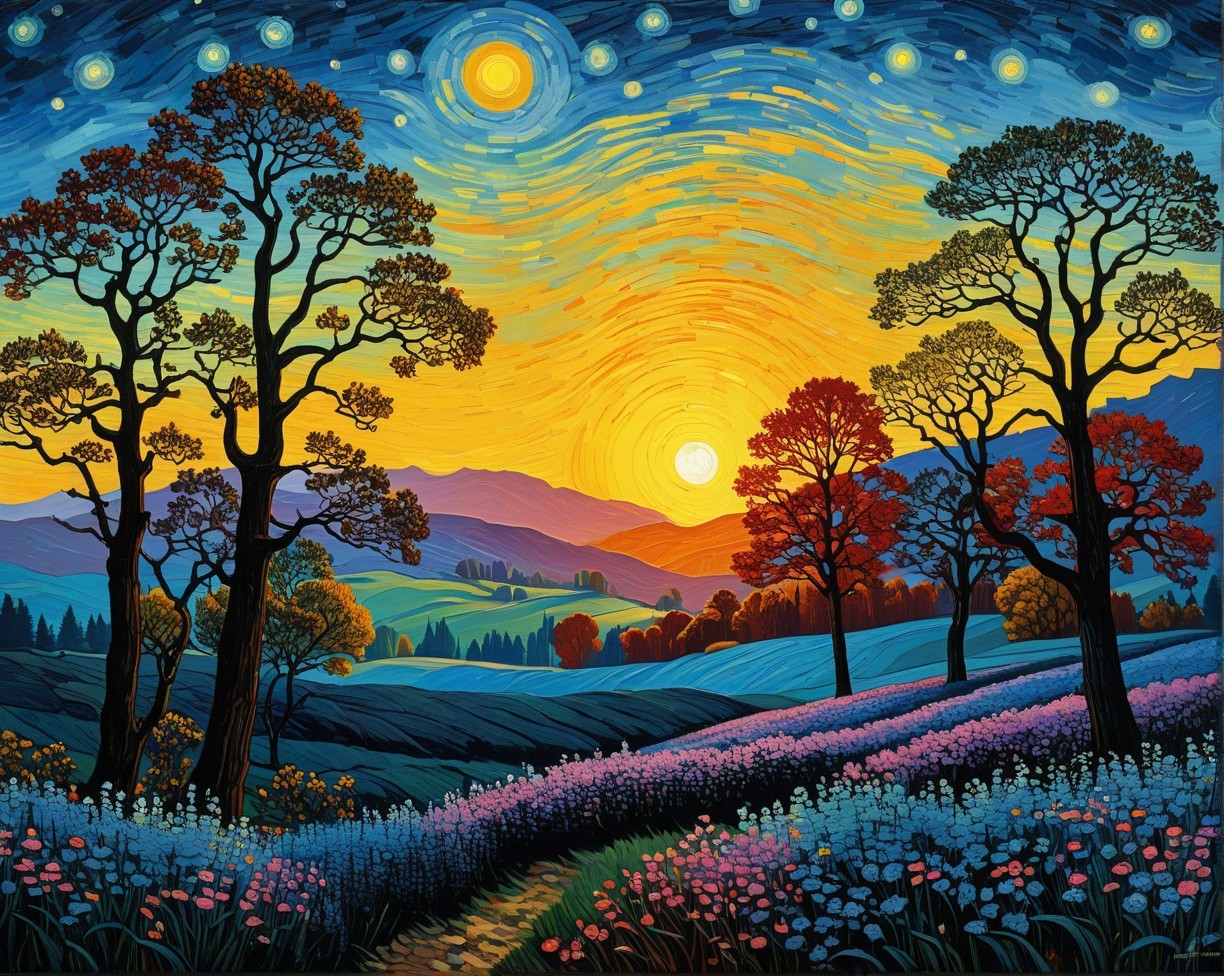 Vibrant Sunset Landscape with Colorful Foliage and Stars