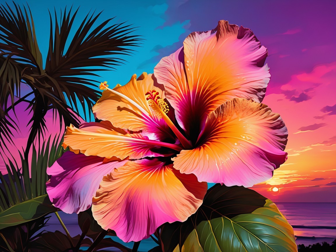 Vibrant Hibiscus Flower Against Sunset and Palm Leaves