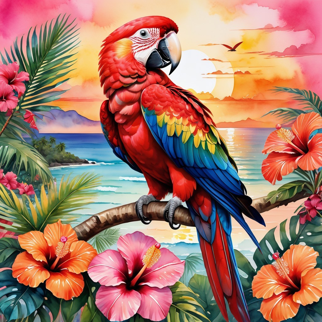 Scarlet Macaw on Branch with Hibiscus and Sunset