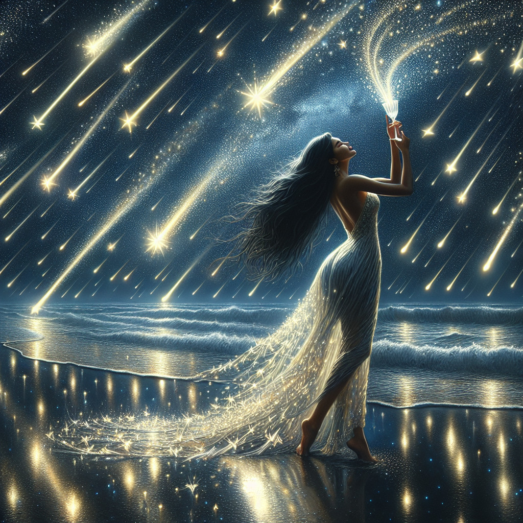 Graceful figure in sparkling gown on a beach at night