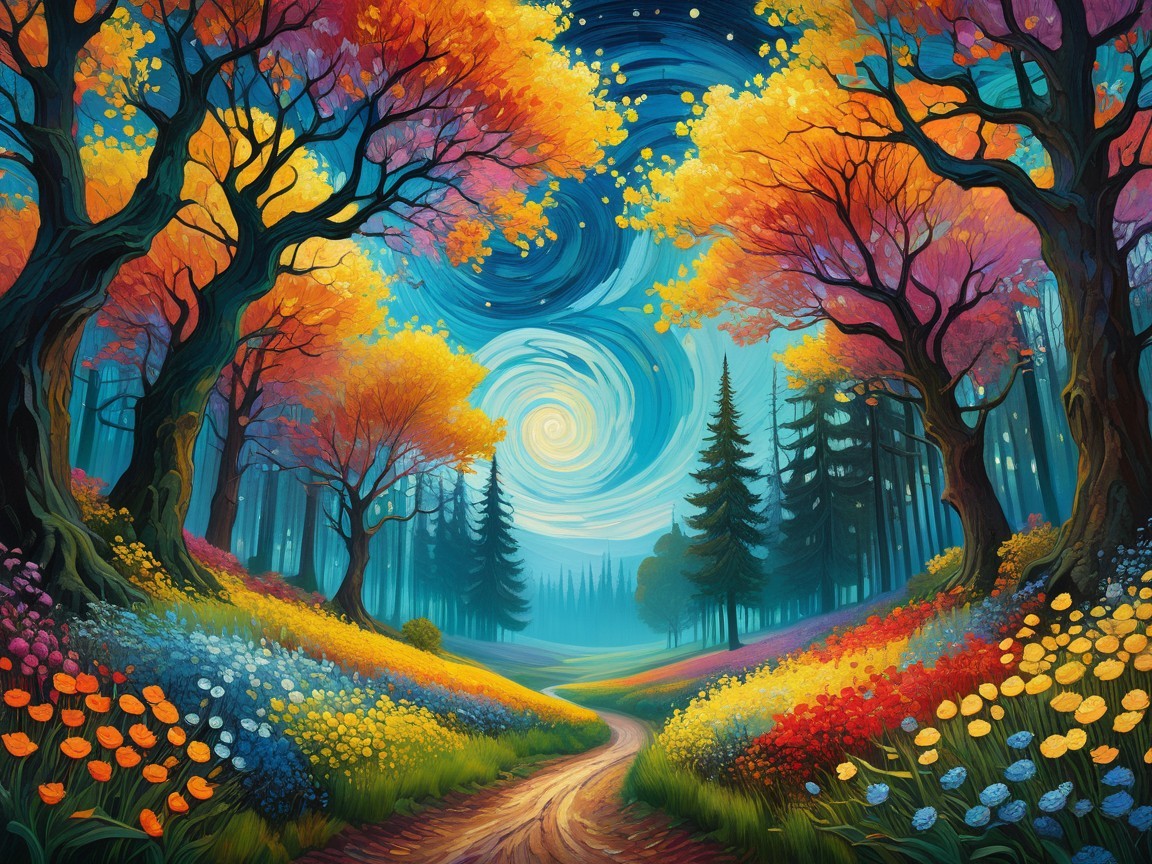 Vibrant Autumn Landscape with Winding Forest Path