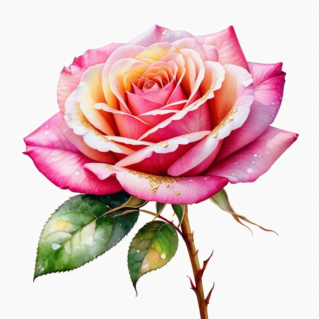 Pink Rose in Full Bloom with Yellow Center and Water Droplets