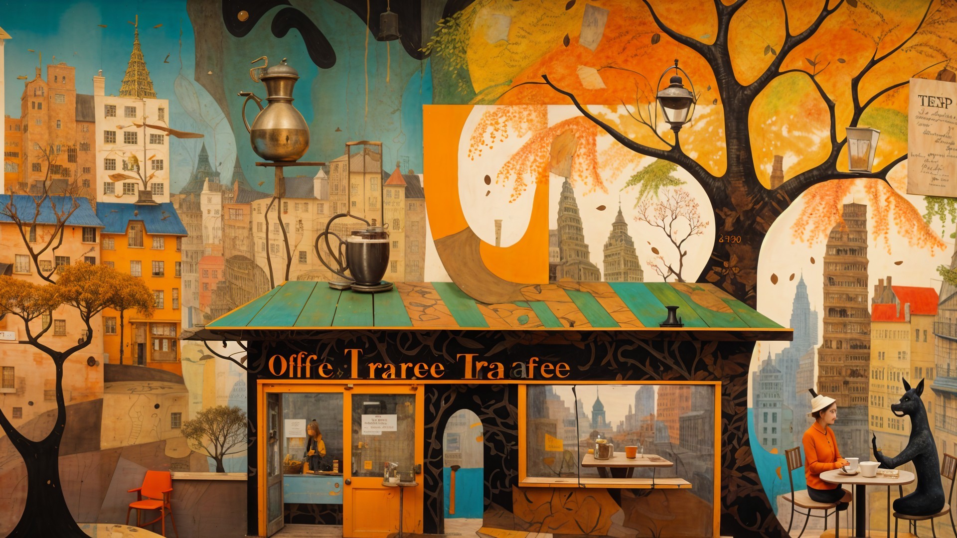 Whimsical Urban Scene with Colorful Mural and Café