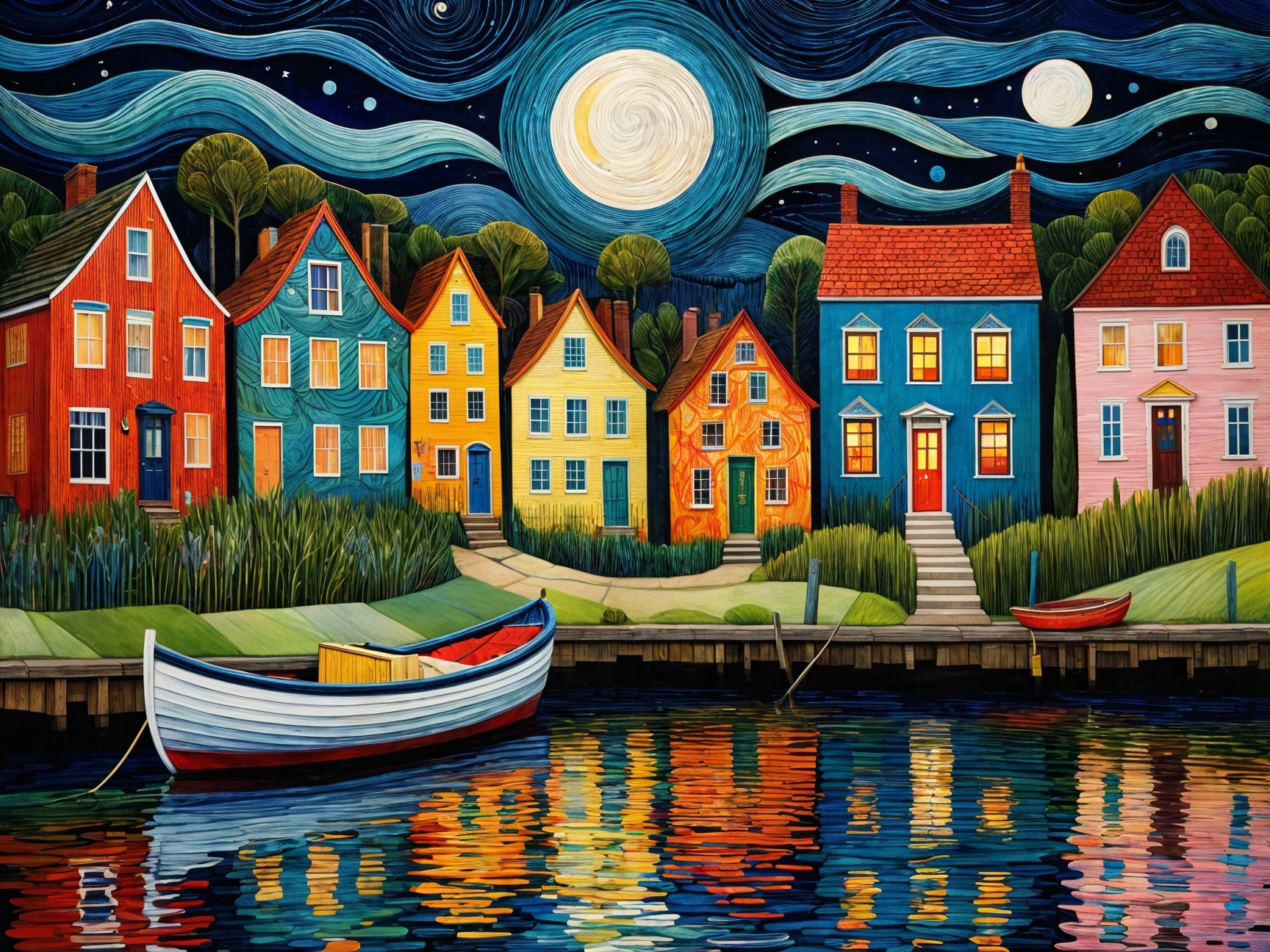 Vibrant Waterfront Scene with Colorful Houses and Moon