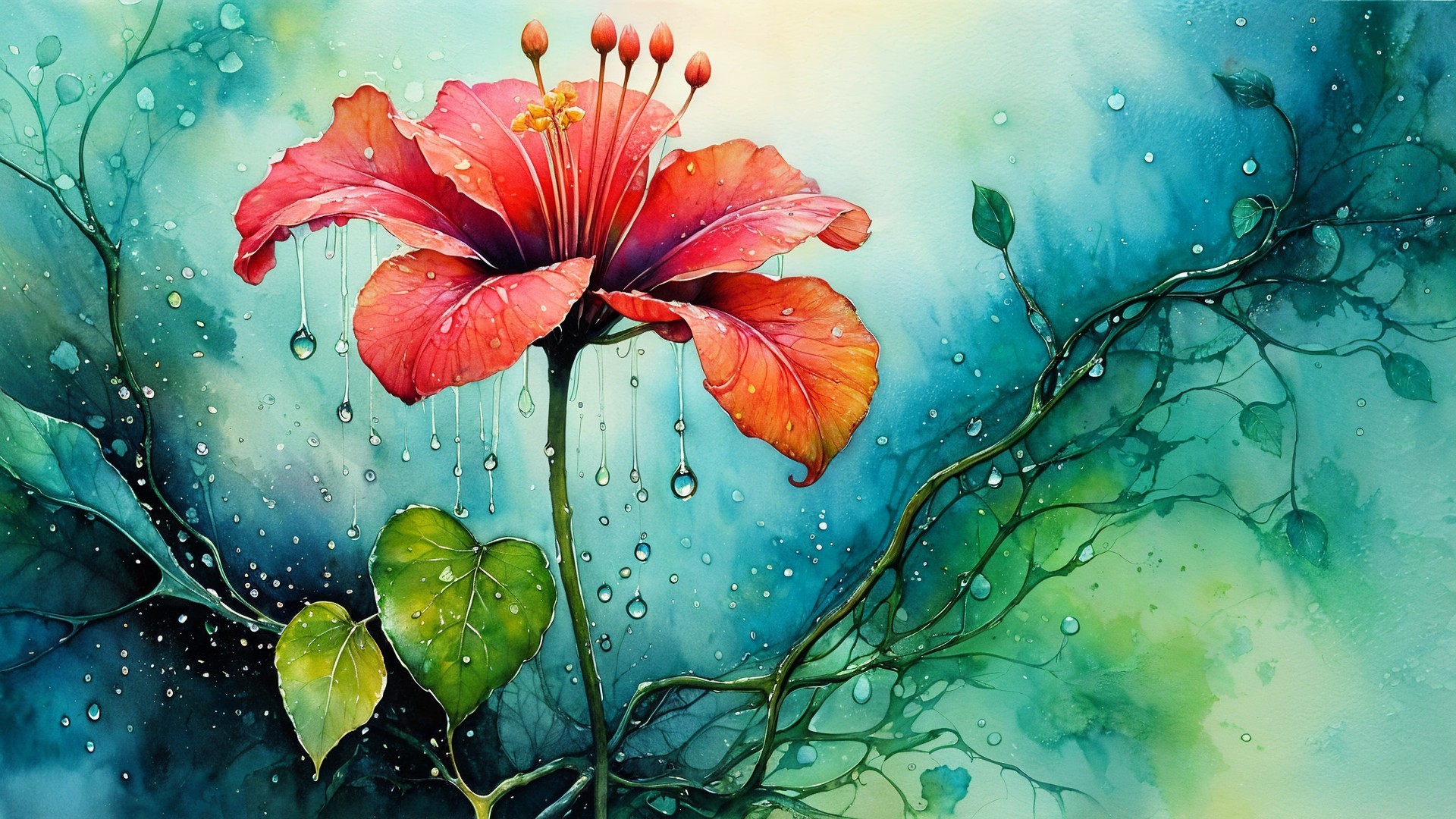 Vibrant Hibiscus Flower with Green Leaves and Water Droplets