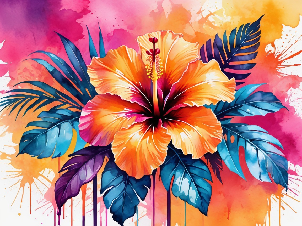 Vibrant Watercolor of Hibiscus Flower and Tropical Leaves