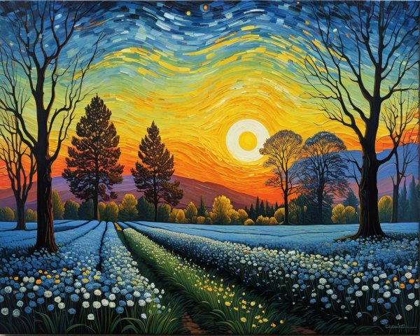 Vibrant Sunrise Landscape with White Flowers and Trees