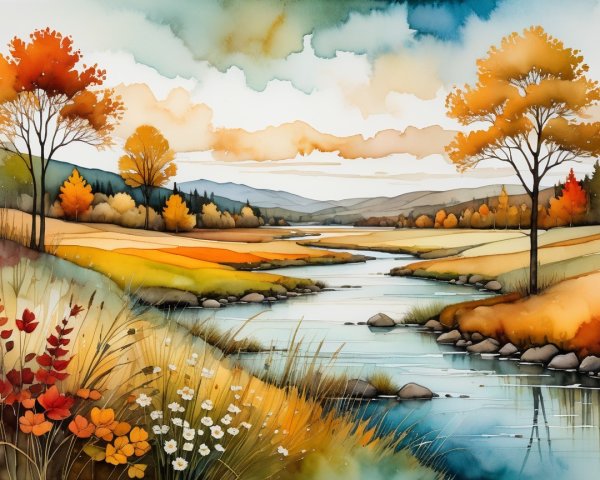 Autumn Landscape with Colorful Foliage and River