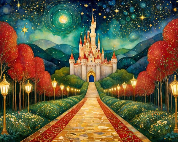Whimsical Fairytale Castle Under Starry Night Sky