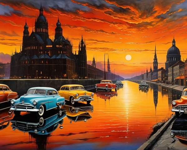 Sunset Cityscape with Vintage Cars and Canal Reflection