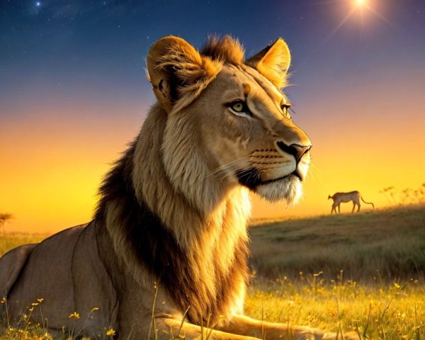 Lion in Golden Field at Sunset with Starry Sky
