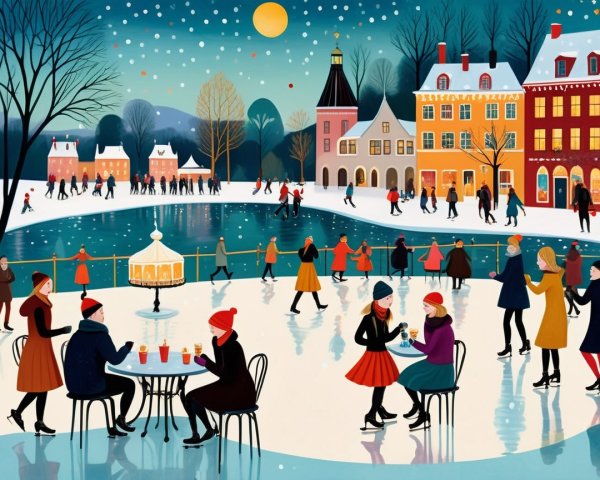 Vibrant Winter Scene with Ice Skaters and Snowfall