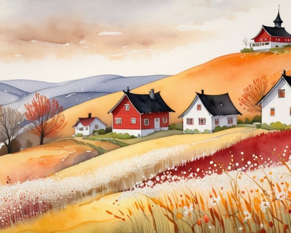 Watercolor Landscape of Autumn Hills and Houses