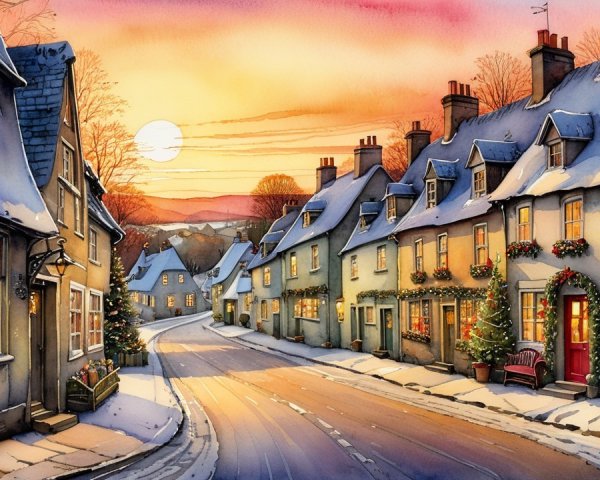 Winter Village at Sunset with Christmas Decorations