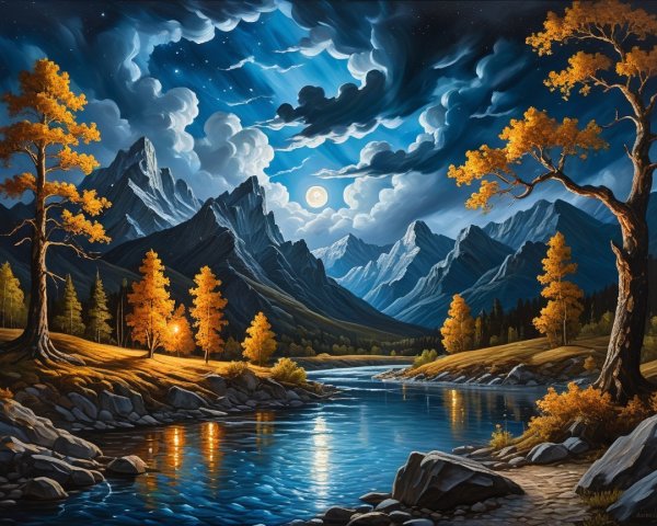 Serene Landscape with River, Mountains, and Autumn Trees