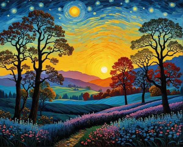 Vibrant Sunset Landscape with Colorful Foliage and Stars
