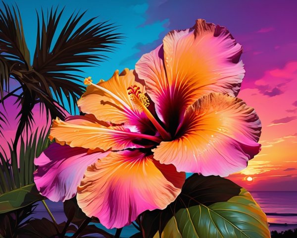 Vibrant Hibiscus Flower Against Sunset and Palm Leaves