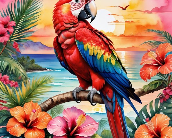 Scarlet Macaw on Branch with Hibiscus and Sunset