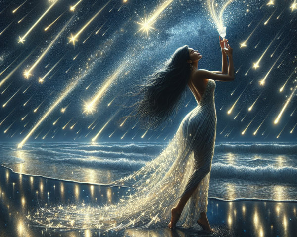 Graceful figure in sparkling gown on a beach at night