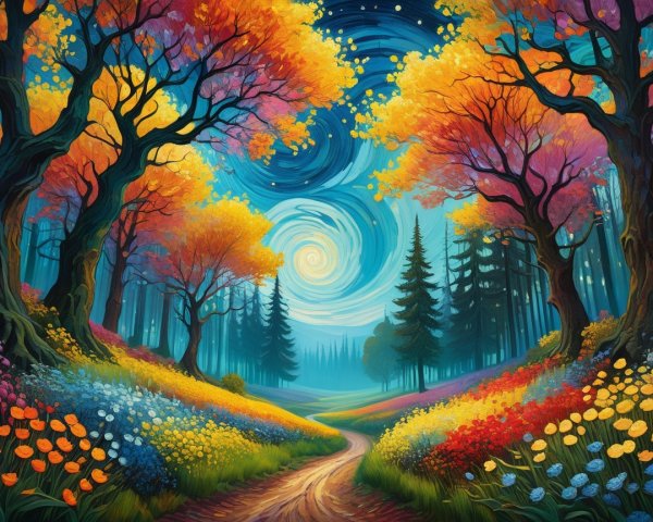 Vibrant Autumn Landscape with Winding Forest Path