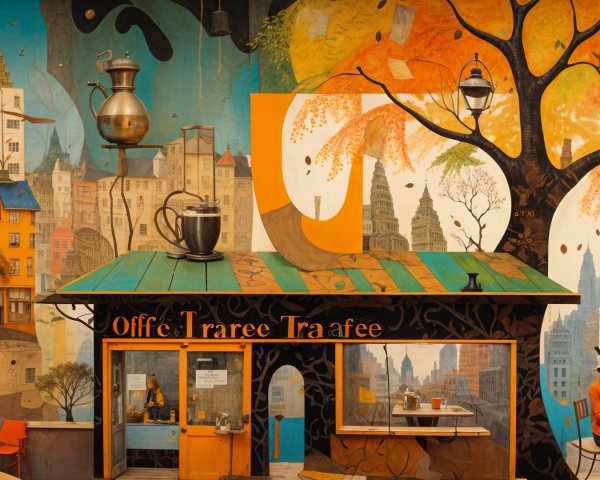 Whimsical Urban Scene with Colorful Mural and Café