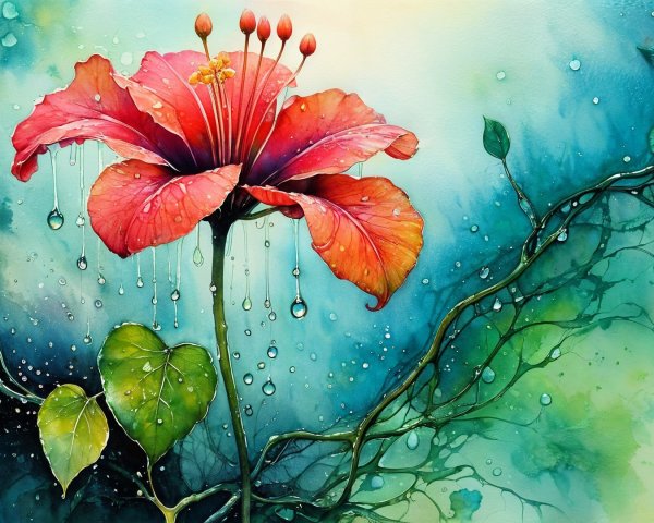 Vibrant Hibiscus Flower with Green Leaves and Water Droplets