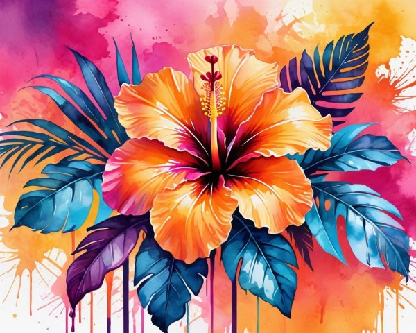 Vibrant Watercolor of Hibiscus Flower and Tropical Leaves