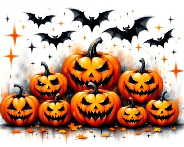 Vibrant Halloween Scene with Jack-o'-Lanterns and Bats