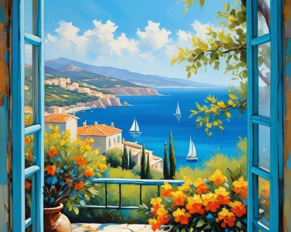 Vibrant Seaside Scene Through an Open Window